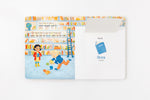 Load image into Gallery viewer, Inside lift‑the‑flap page from the bilingual Hindi–English children’s book Pay It Forward showing a library and a book vocabulary word with Hindi Script and Transliteration and English text for early readers.

