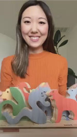 Load and play video in Gallery viewer, Video of the Spark Collection founder stacking the Wooden Chinese Zodiac Animals, demonstrating the balance, craftsmanship, and playful educational design of all 12 wooden figures.
