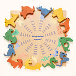 Load image into Gallery viewer, Wooden Chinese Zodiac Animals arranged in a circle on the Chinese Zodiac Wheel guide board, showing all 12 carved wooden figures and the cultural learning design
